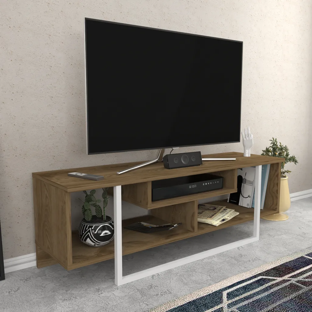 Meuble TV 120cm Decorotika Asal Robuste en Métal et Bois Chêne Clair/Blanc