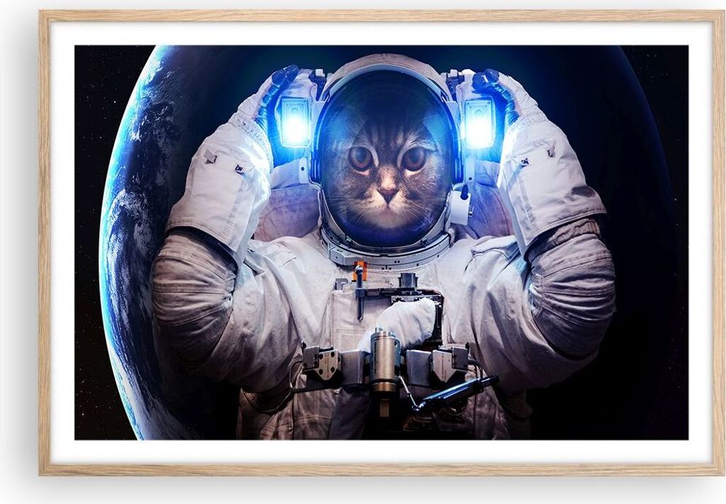 Gerahmtes Poster - Rahmen in heller Eiche - Kosmonaut Katze Produktbild 