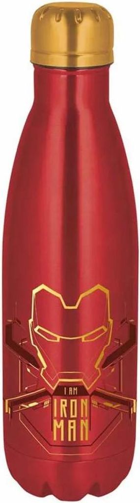 A red metal water bottle with a gold cap and an Iron Man mask design.