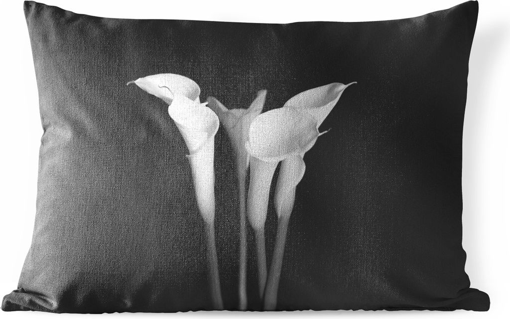 MuchoWow Outdoor Kissen - Eine Nahaufnahme von Calla-Lilien-Blüten auf schwarzem Hintergrund - 60x40 cm - Wetterfest - Lounge Kissen - Zierkisse...