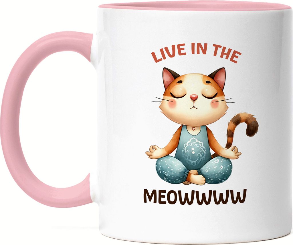 Live in the Meowww Tasse Rosa Geschenkidee für Yoga-Fans und Katzenliebhaber