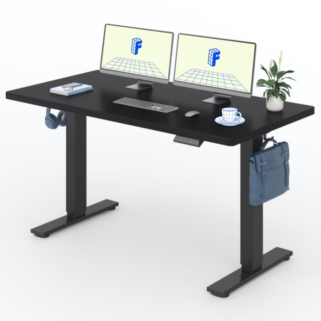A black adjustable standing desk with two computer monitors, a keyboard, a mouse, headphones, a cup of coffee, and a bag.