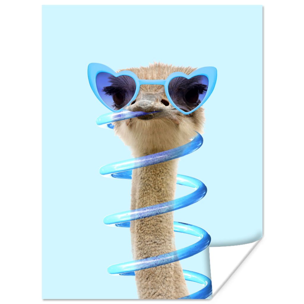 MuchoWow Poster Strauß - Sonnenbrille - Blau - Tiere 60x80 cm - Schlafzimmer Dekoration