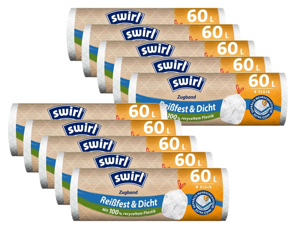 10x Swirl Zugband Müllbeutel 60L ( 8 stk./Rolle ) Produktbild 