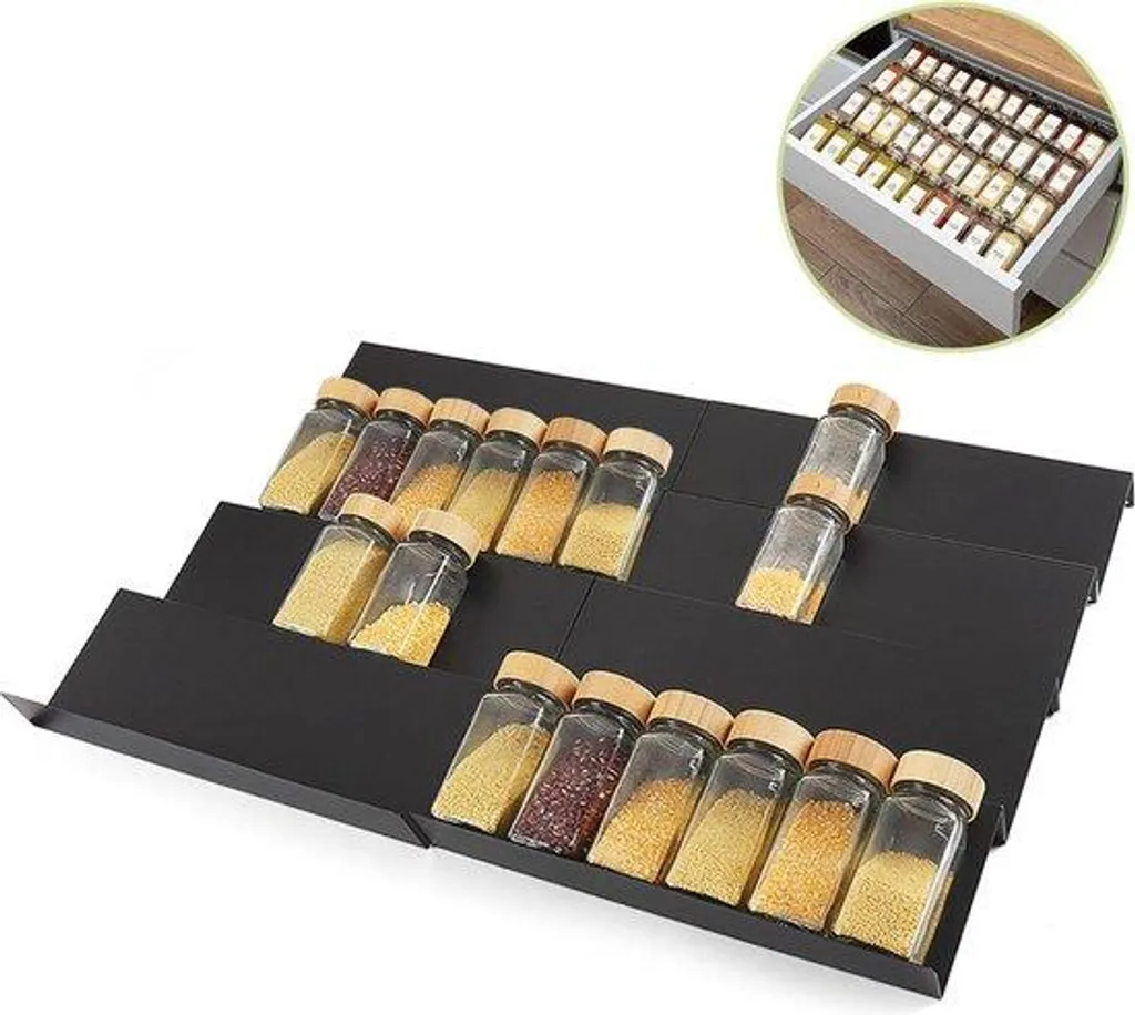 Étagère à herbes aromatiques en inox noir avec tiroir, 8 pièces
