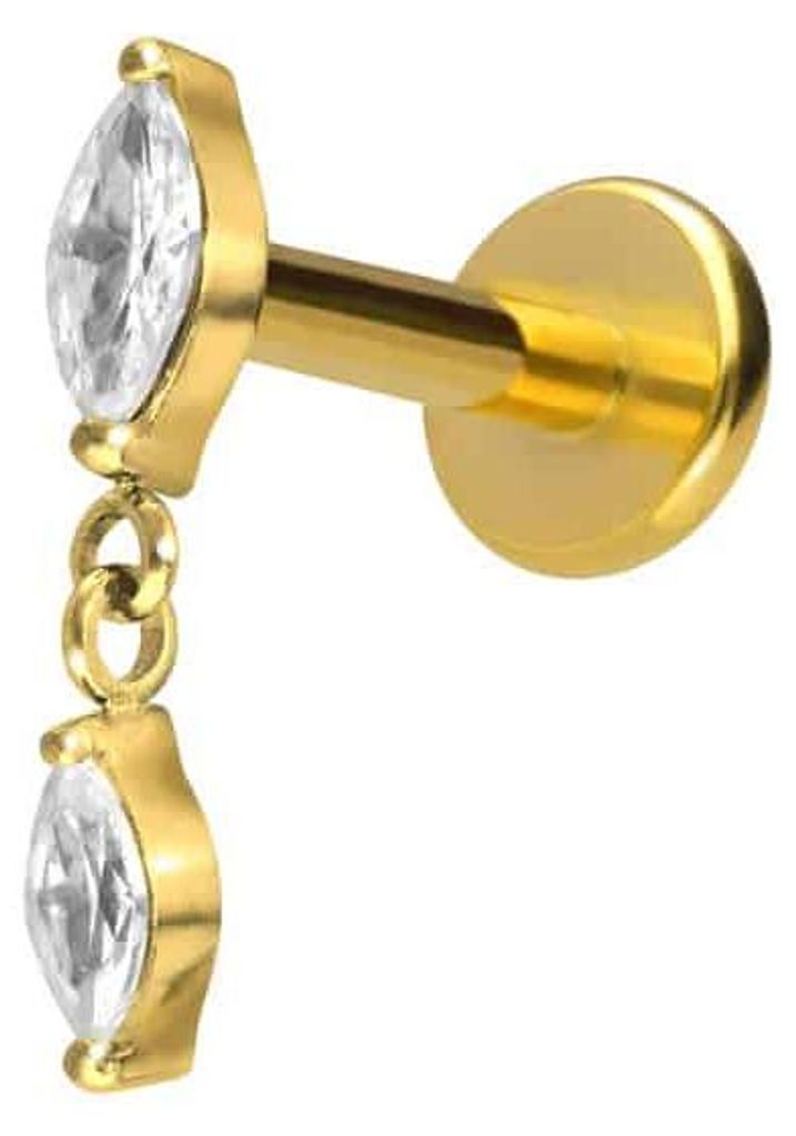 Ohrpiercing, Nasenpiercing Titan Labret mit Innengewinde 2 KRISTALLTROPFEN Gold Stablänge: 8mm | Stabstärke: 1,2mm