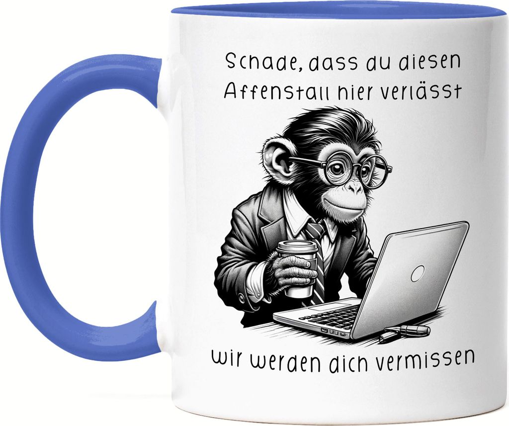 Schade dass du diesen Affenstall verlässt Affe am Laptop Tasse Blau - Kollegin Werden dich vermissen
