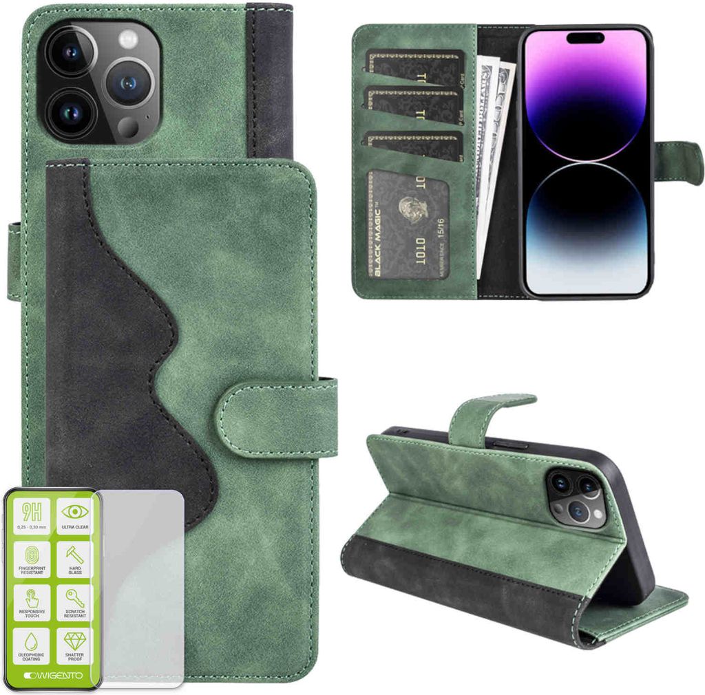 Für Apple iPhone 15 Pro Design Handy Tasche Grün Etuis Kunst-Leder Hülle Case + H9 Hart Glas