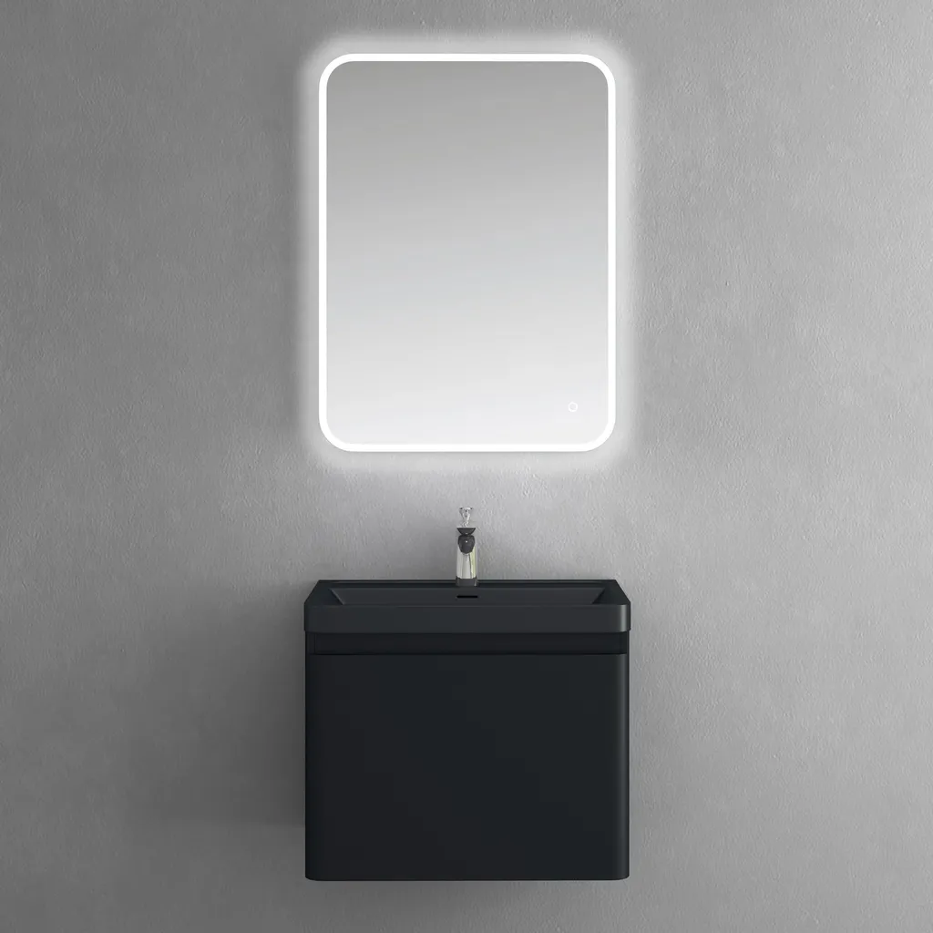 Meuble Salle de Bain Noir Mat 60cm Suspendu avec Vasque et Miroir Ancona