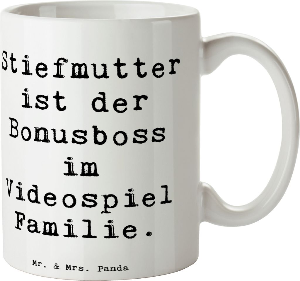 Mr. & Mrs. Panda Tasse Spruch Stiefmutter Bonusboss - Weiß - Geschenk, Kaffeebecher, Lächeln, Patchwork-Familie, Herausforderung, handgemacht, sc...