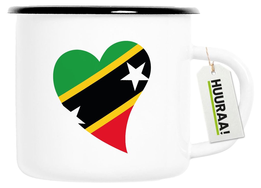 Huuraa Emaille Tasse St. Kitts und Nevis Flagge Herz 300ml Vintage Campingbecher Geschenkidee