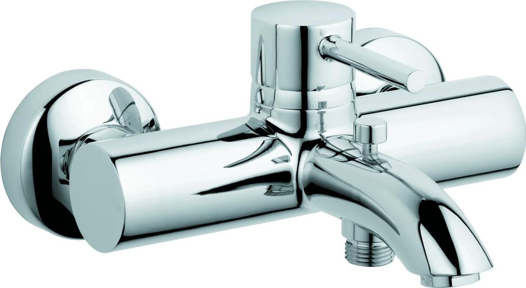 A close-up studio shot of a chrome bathtub faucet.