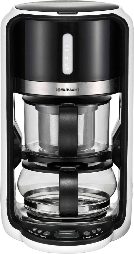 A close-up view of a white and black tea maker with a glass carafe and brewing basket.