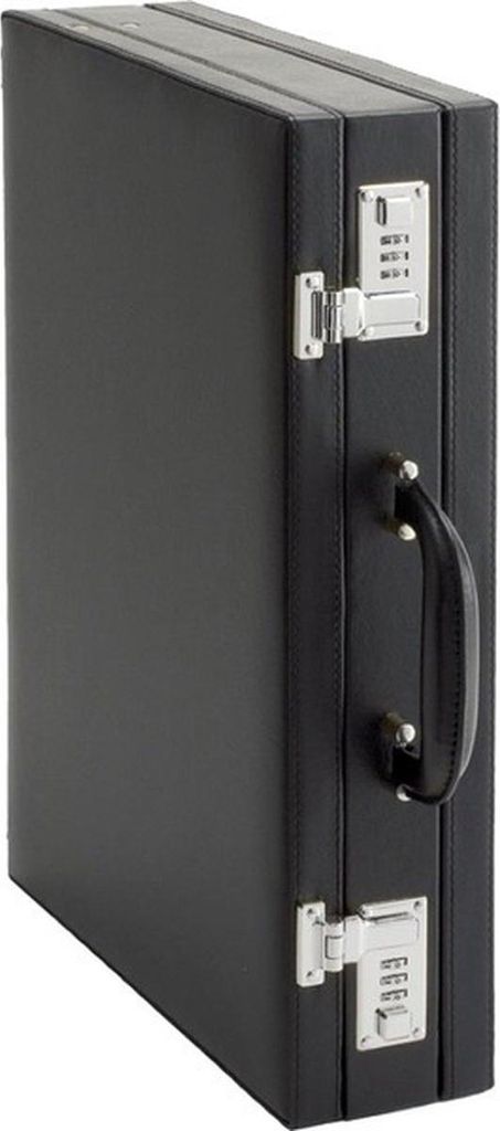 A black attaché case with combination locks and a handle is shown against a white background.