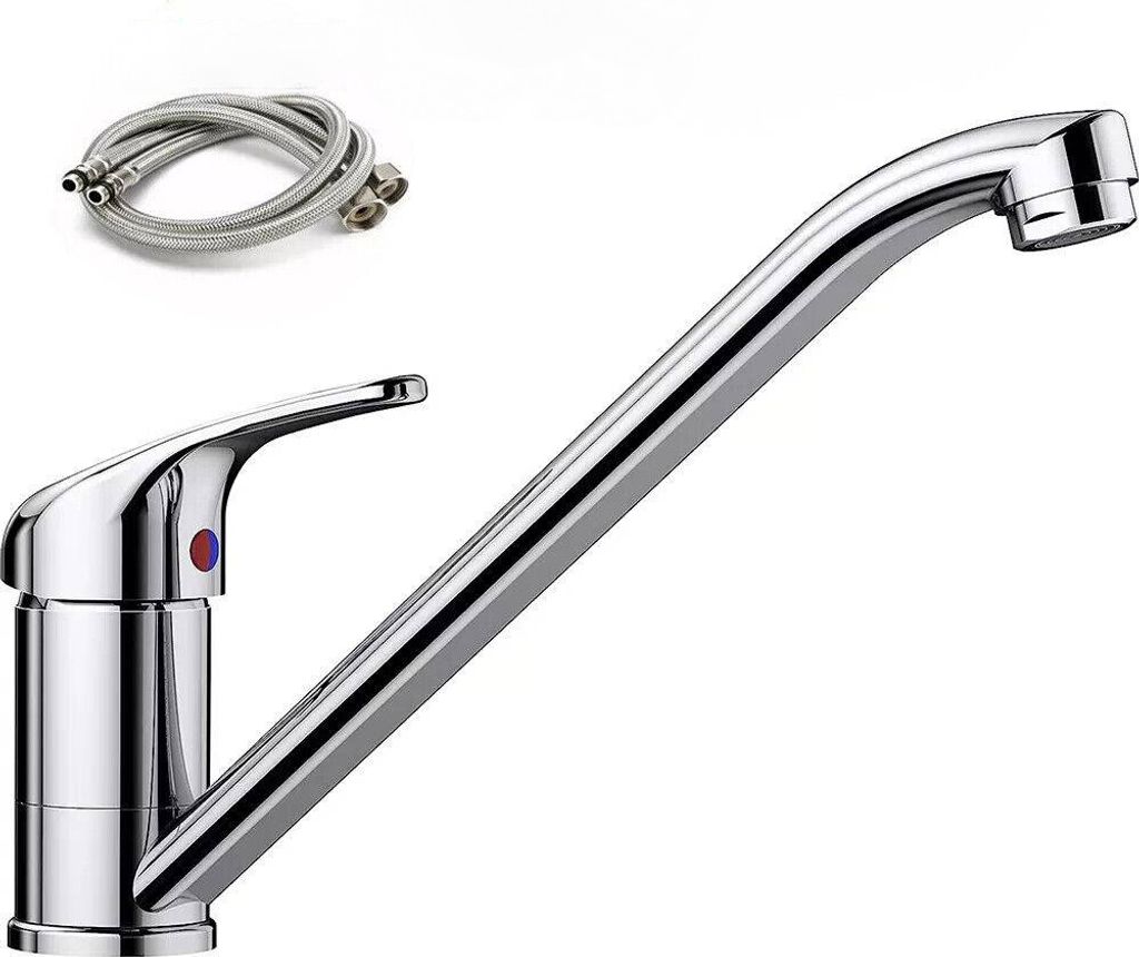 A chrome kitchen faucet and two flexible hoses on a white background.