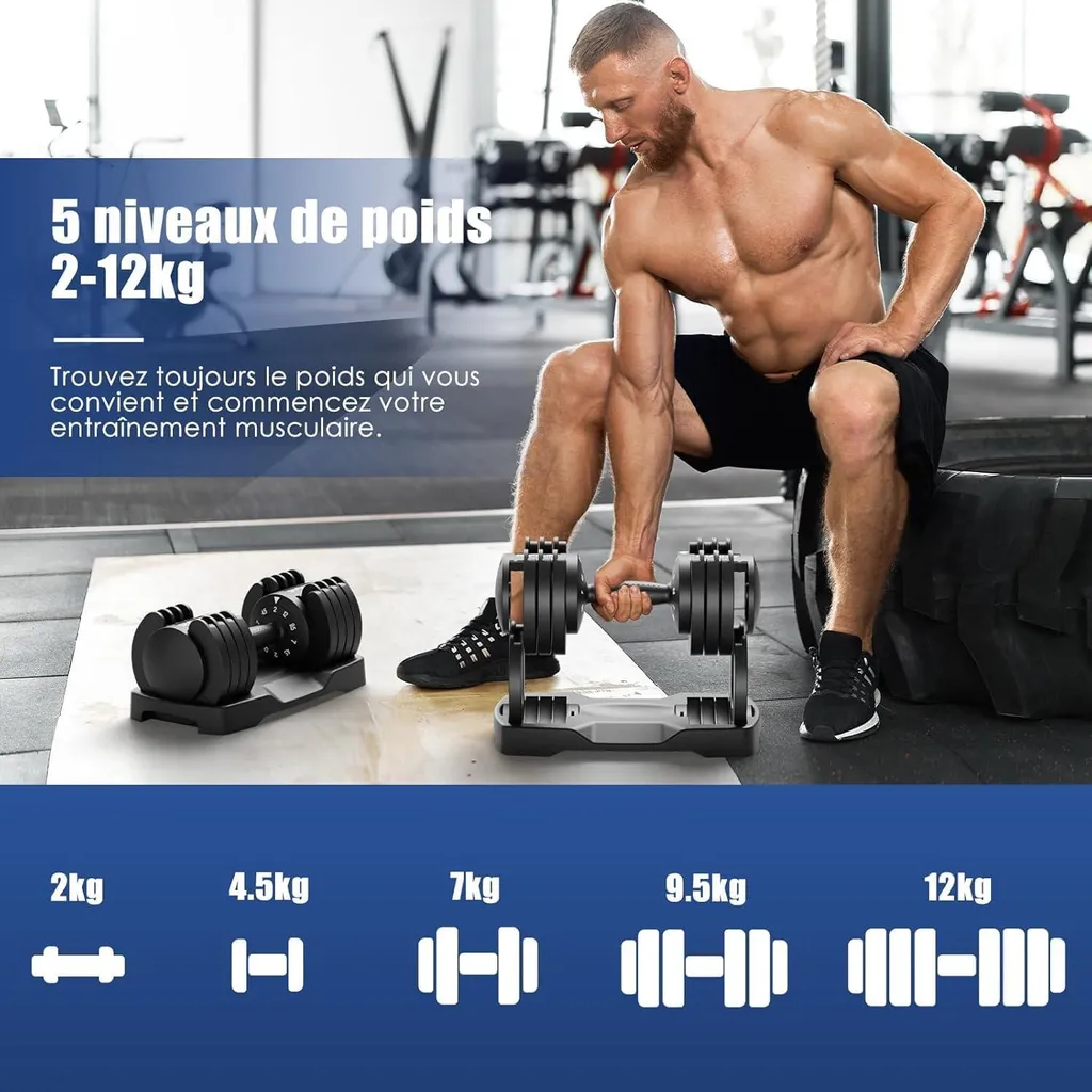 Haltères Modulables 5 Niveaux de Poids 2-12kg - Design Compact Robuste - 3
