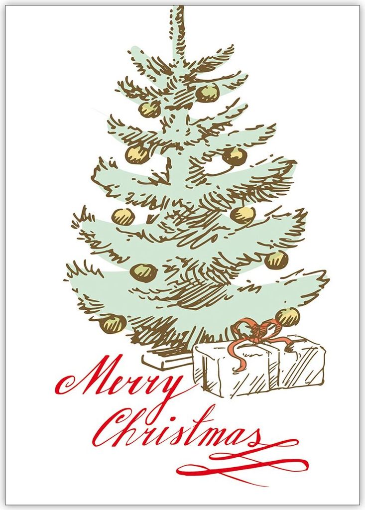 4x Klassische Vintage Weihnachtskarte mit geschmücktem Weihnachtsbaum