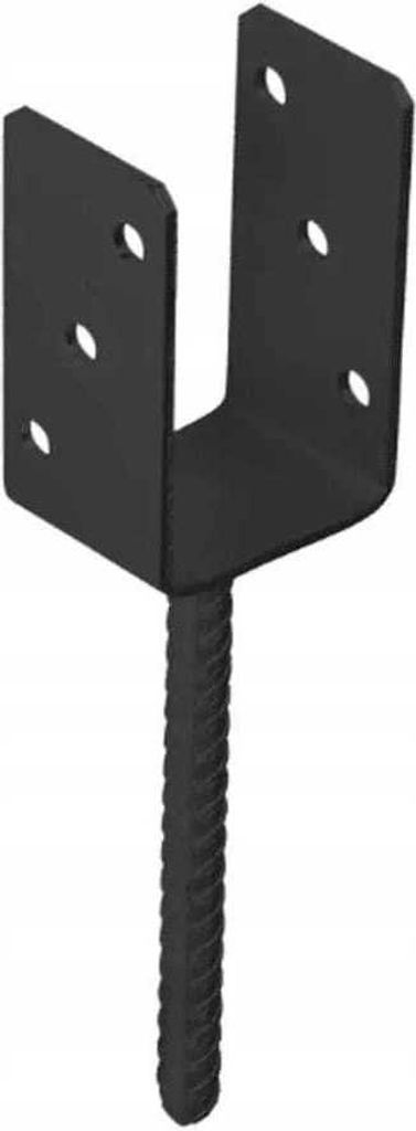 A black metal U-shaped post anchor with a ribbed spike for ground insertion.