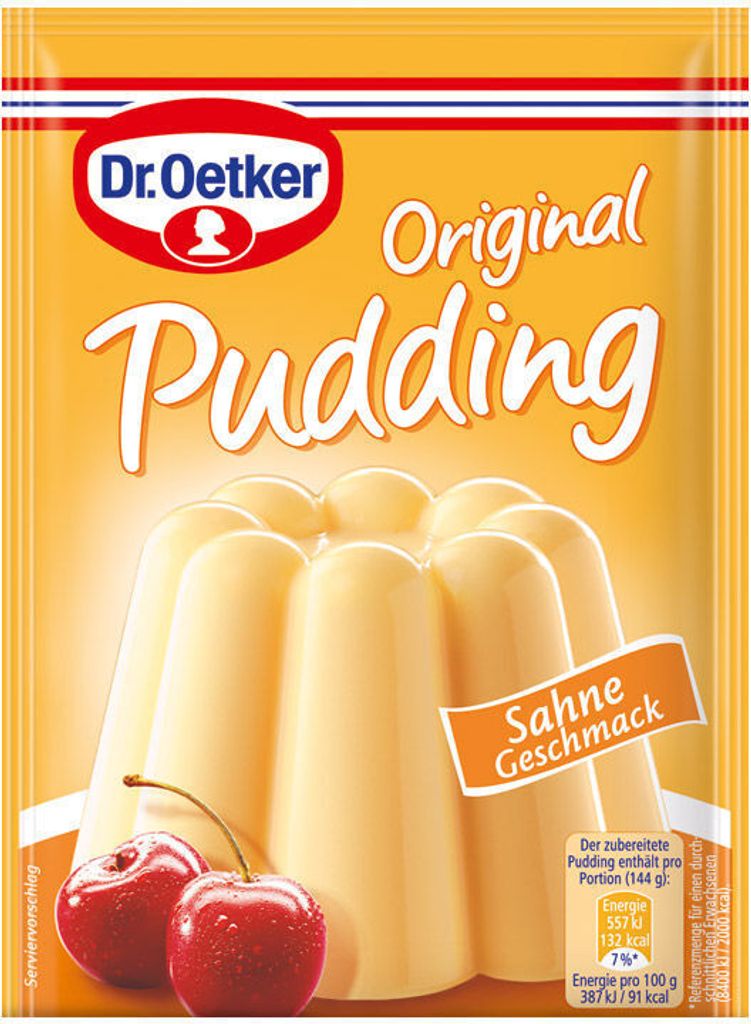 A package of Dr. Oetker Original Pudding with Sahne Geschmack (cream flavor).