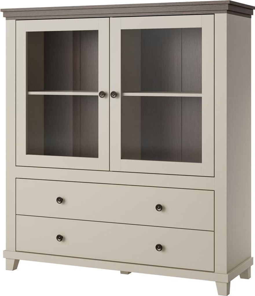 Wohnzimmer Highboard Vitrine in Beige mit Eiche, Landhausstil, 2 Türen, 2 Schubladen - EPSOM-83