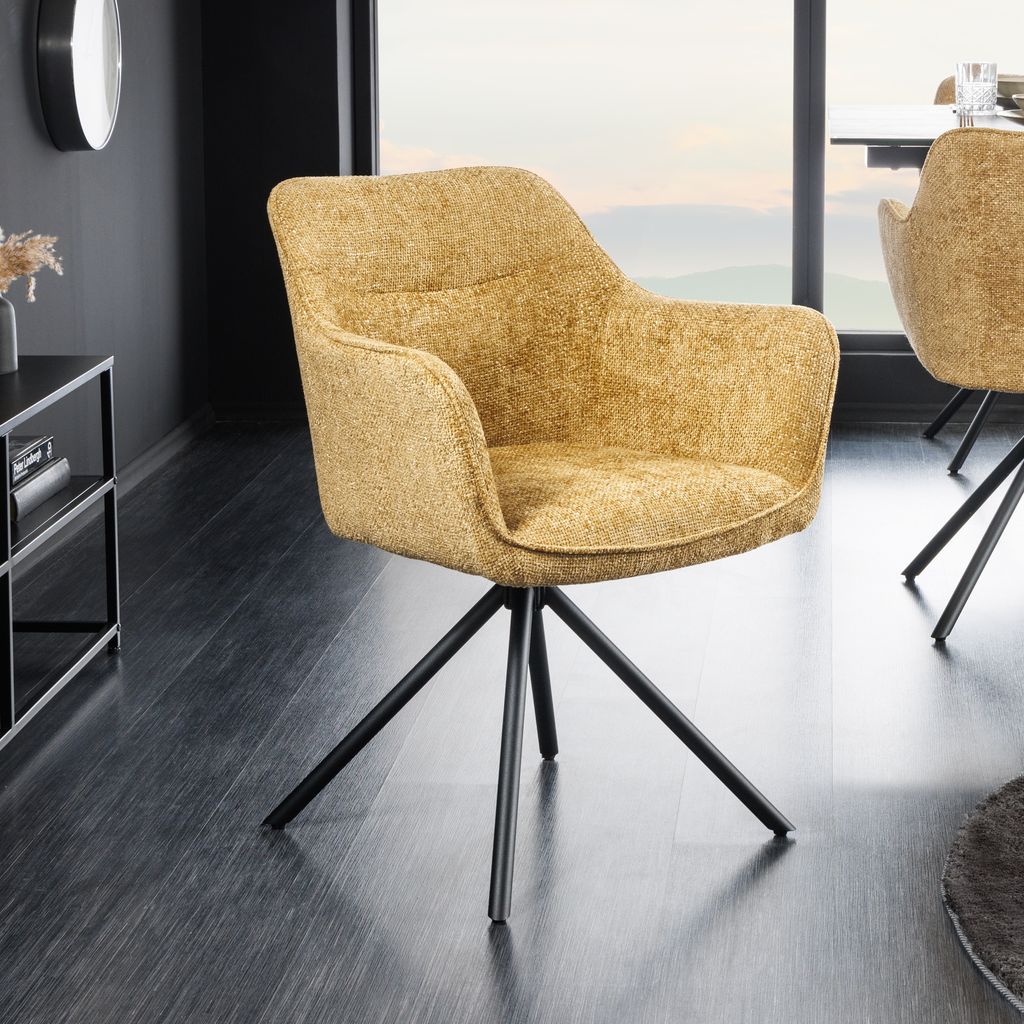 riess-ambiente Drehbarer Stuhl VERONA senfgelb Strukturstoff mit Armlehne Metallbeine schwarz Drehstuhl Esszimmerstuhl Konferenzstuhl