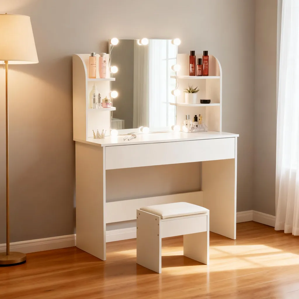 Table de Maquillage Blanche avec Miroir Lumineux LED et son Tabouret