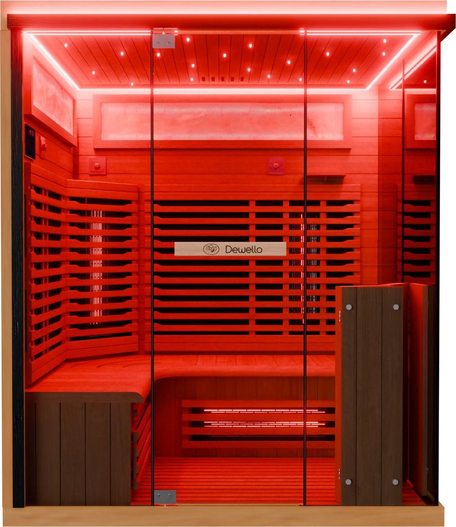 Dewello Infrarotkabine Infrarotsauna KENORA 160x120 für 2-3 Personen aus Hemlockholz, Dual-Therm, mit Salzsteinoptik