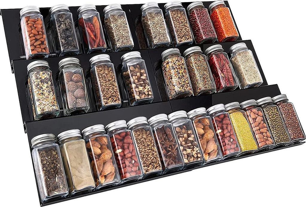 Einsatzstück für ausziehbare Kräuterschublade von 30 cm bis 60 cm - Organizer für Kräuterfläschchen auf 3 Ebenen schwarz