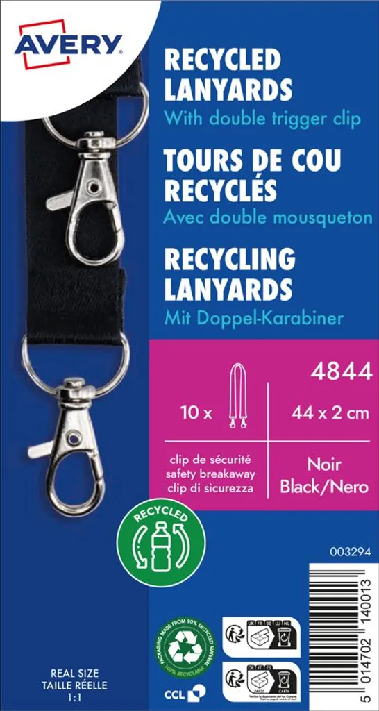 Tour de cou porte-badge avec double mousqueton Avery 4844 noir 44cm
