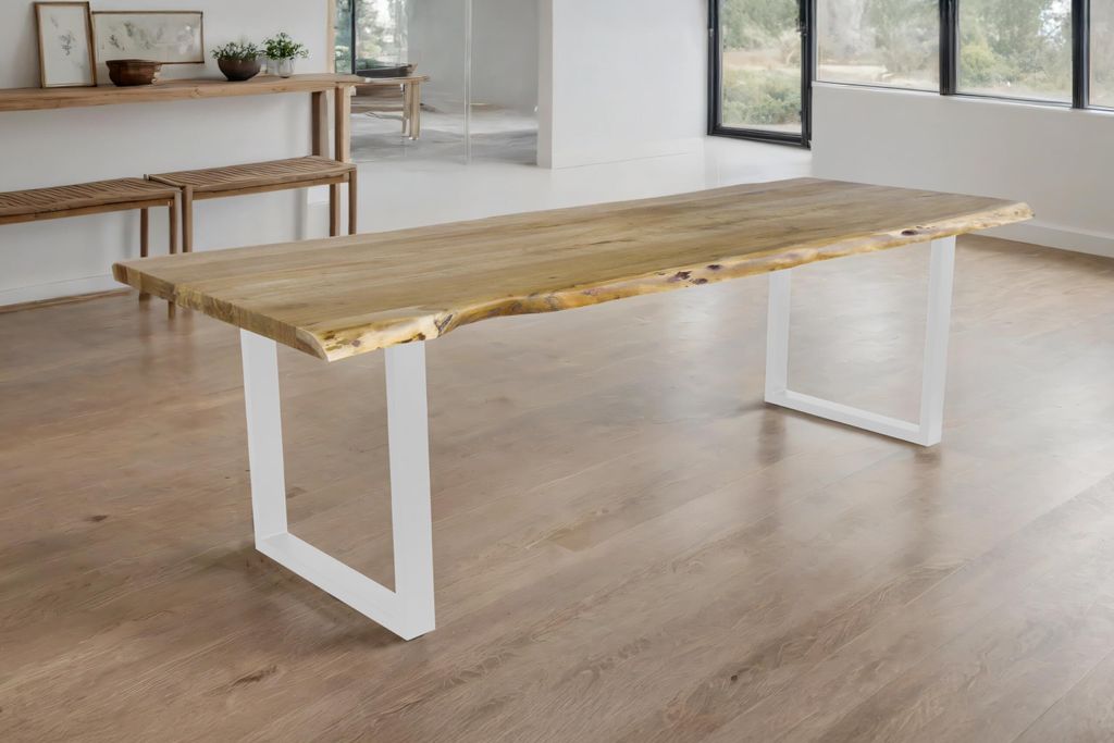 Esstisch Cali | 260 x 100 cm | Akazienholz massiv | Farbe: Eiche | U-Gestell Metall Weiß | Massivholz mit Baumkante | pflegeleichter Baumkantentis...