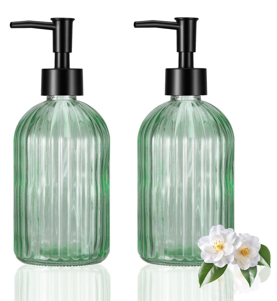 Seifenspender aus Glas, nachfüllbarer 400-ml-Spülmittelspender aus Glas, 2-teiliges Set, transparenter, moderner, gestreifter Seifenspender für ...