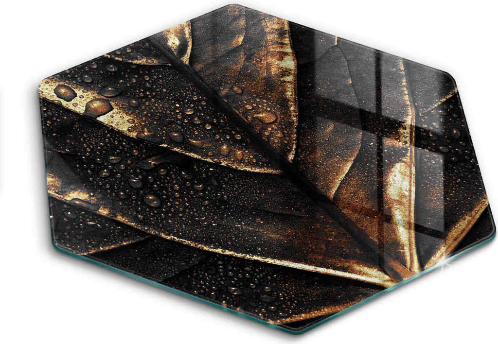 Glasschneideplatte - Herdabdeckplatte - Hexagon 40 cm -Schneidebrett - Spritzschutz - goldenes Blatt