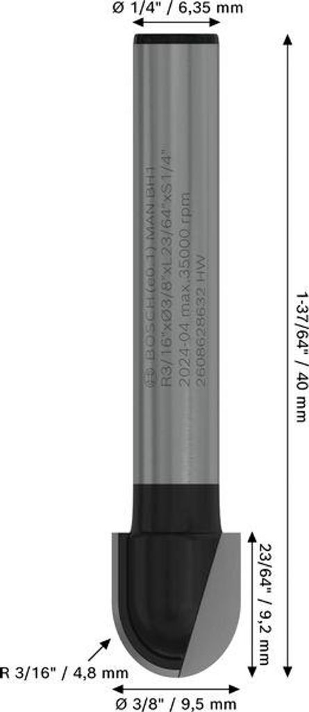 PRO Hohlkehlfräser, R 3/16", Schaft 1/4"