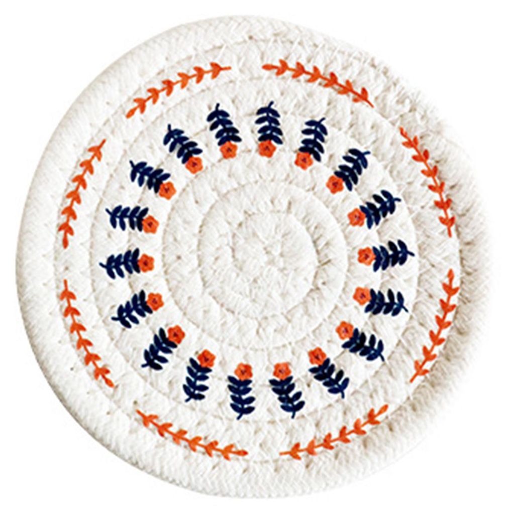 Handgewebtes Tischset aus Baumwollseil mit originellem Aufdruck. Hitzebeständig, rutschfest, rund, dekoratives Küchenaccessoire. 24 cm Durchmesser.