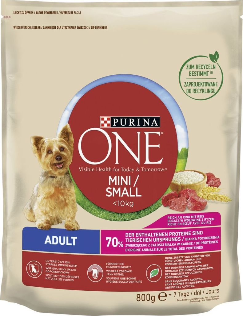 PURINA One Mini Adult Rindfleisch, Reis - Trockenfutter für Hunde - 800 g