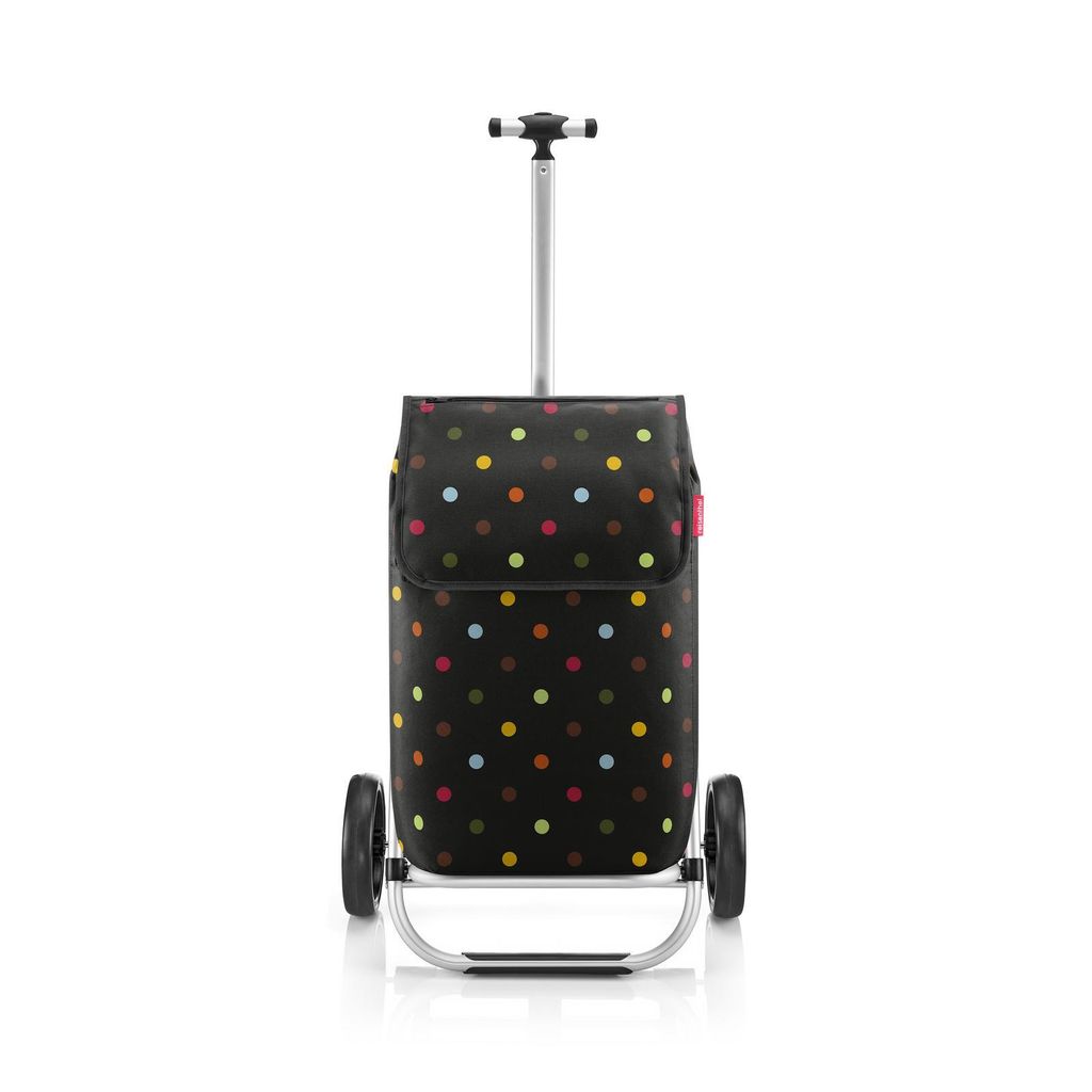 A shopping trolley with a polka dot pattern on a white background.