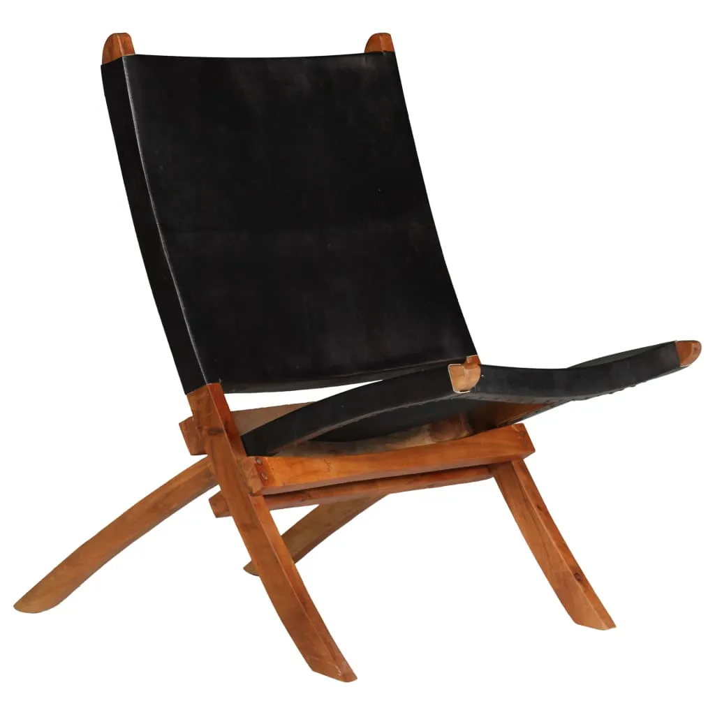 Chaise Relax Pliable Noire Cuir Véritable - Siège d'Appoint de Luxe