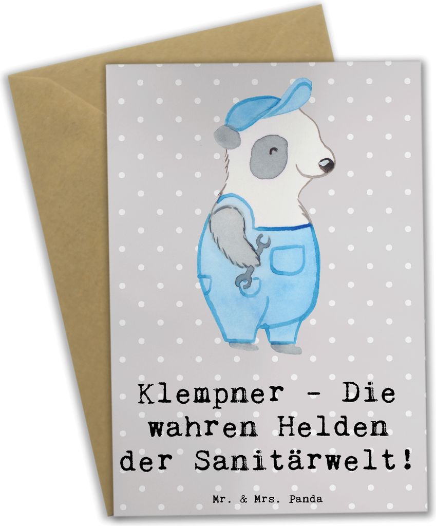Mr. & Mrs. Panda Grußkarte Klempner Helden - Grau Pastell - Geschenk, vatertagskarte, Sanitäranlagen, einladungskarten, Leitungen instand halten,...