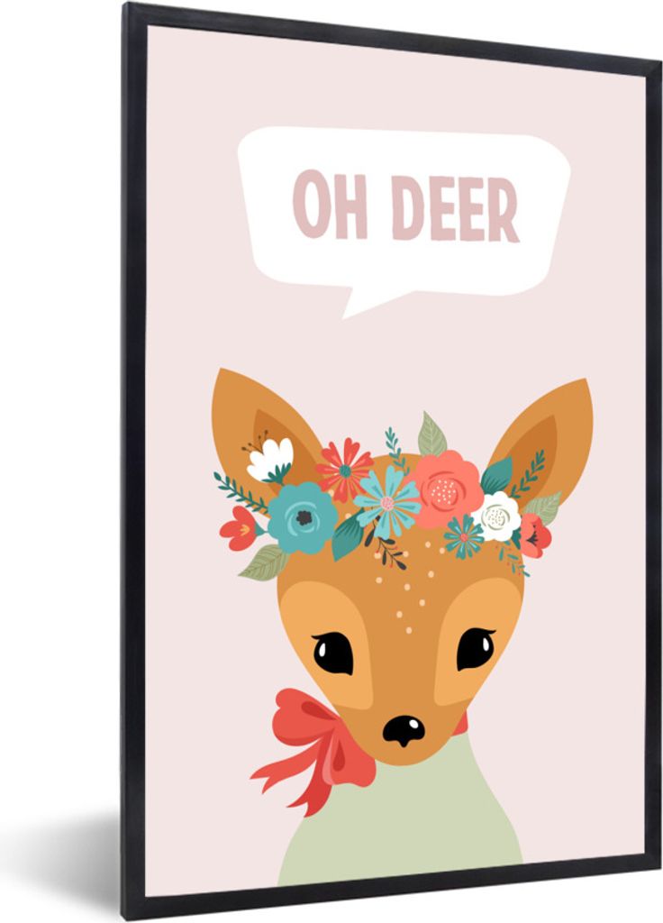 MuchoWow Gerahmtes Poster Hirsch - Schleife - Rosa - Blumen 20x30 cm - Poster mit Schwarzem Bilderrahmen Wandposter Rahmen Foto Bilder - Drucken ...