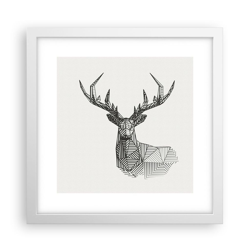Gerahmtes Poster - Weißer Rahmen - Hirsch Skizze Skandinavisch - 30x30 cm - Wand Bild - Wanddeko - Wandbilder - Kunstposter - Wandposter - Bilderr...