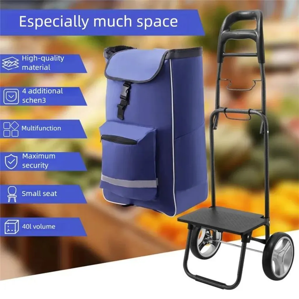 Chariot de courses pliable à roulettes robustes, capacité de 45 litres