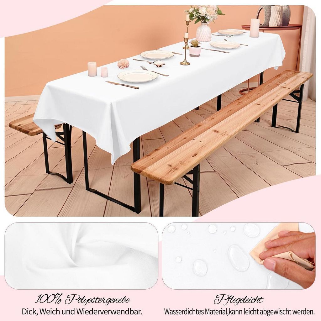 Biertischdecken Weiß 6 Stück Wasserdicht Waschbar Polyester 250 x 100 cm für 50-70 cm Biertische