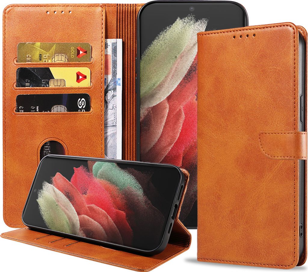 Geschikt voor Samsung Galaxy S21 Ultra Telefoonhoesje Kunstleer met Magnetisch lipje en Pasjeshouder Book Case met Klepje - Bruin - Smartphonica