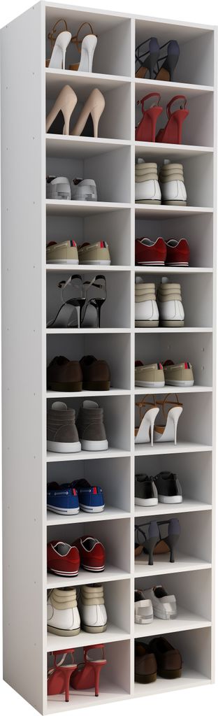 A tall, white shoe cabinet filled with various shoes on multiple shelves.
