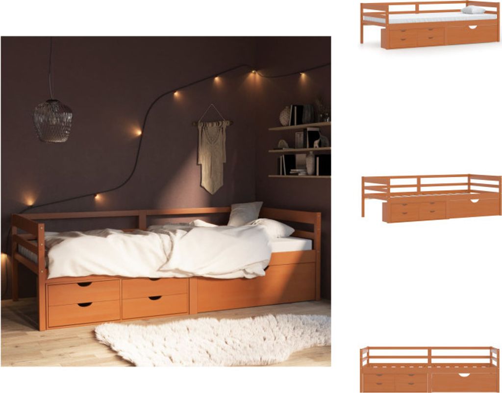 vidaXL Massivholzbett mit Schubladen Honigbraun Kiefer 90x200 cm - Betten & Bettgestelle