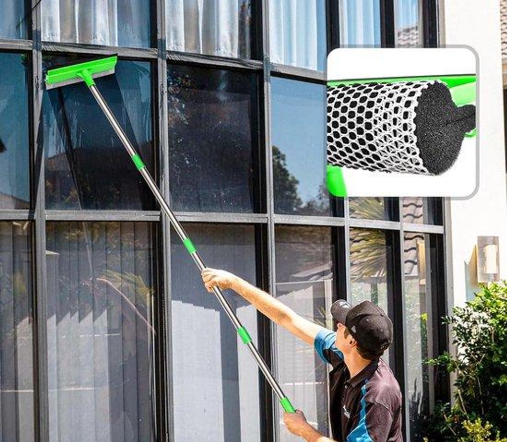 Famanu Raamreiniger mit langer Stange (143 cm) - professionelle Fensterwischer mit Schwamm und Schrubber