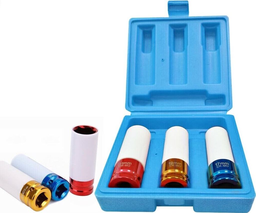 A set of three impact sockets in a blue plastic case, with three additional sockets in the foreground.