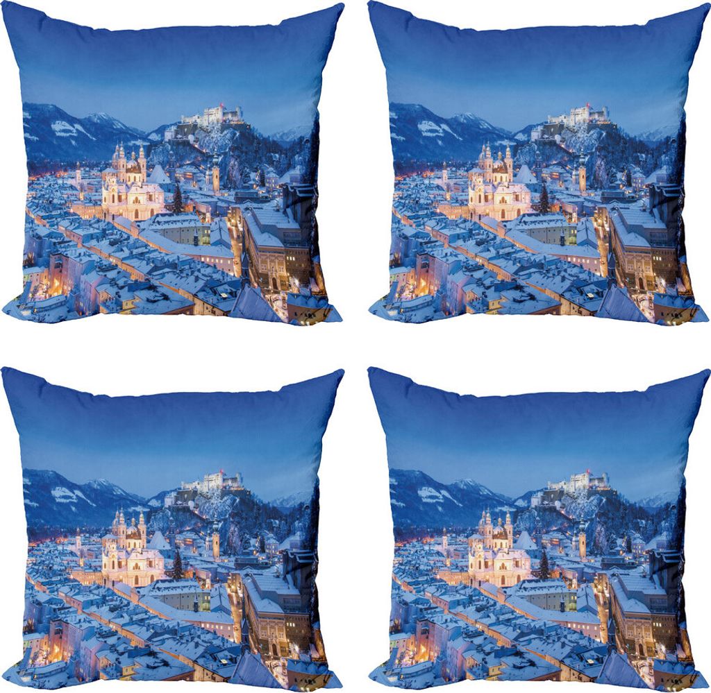 ABAKUHAUS Winter Kissenbezug Set (4 Stück), Historische Stadt Salzburg, Moderner Doppelseitiger Digitaldruck, 50 cm x 50 cm, blau Peach