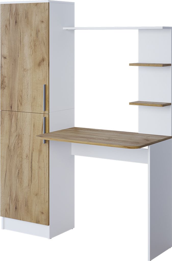 A modern desk with a tall cabinet and shelves.