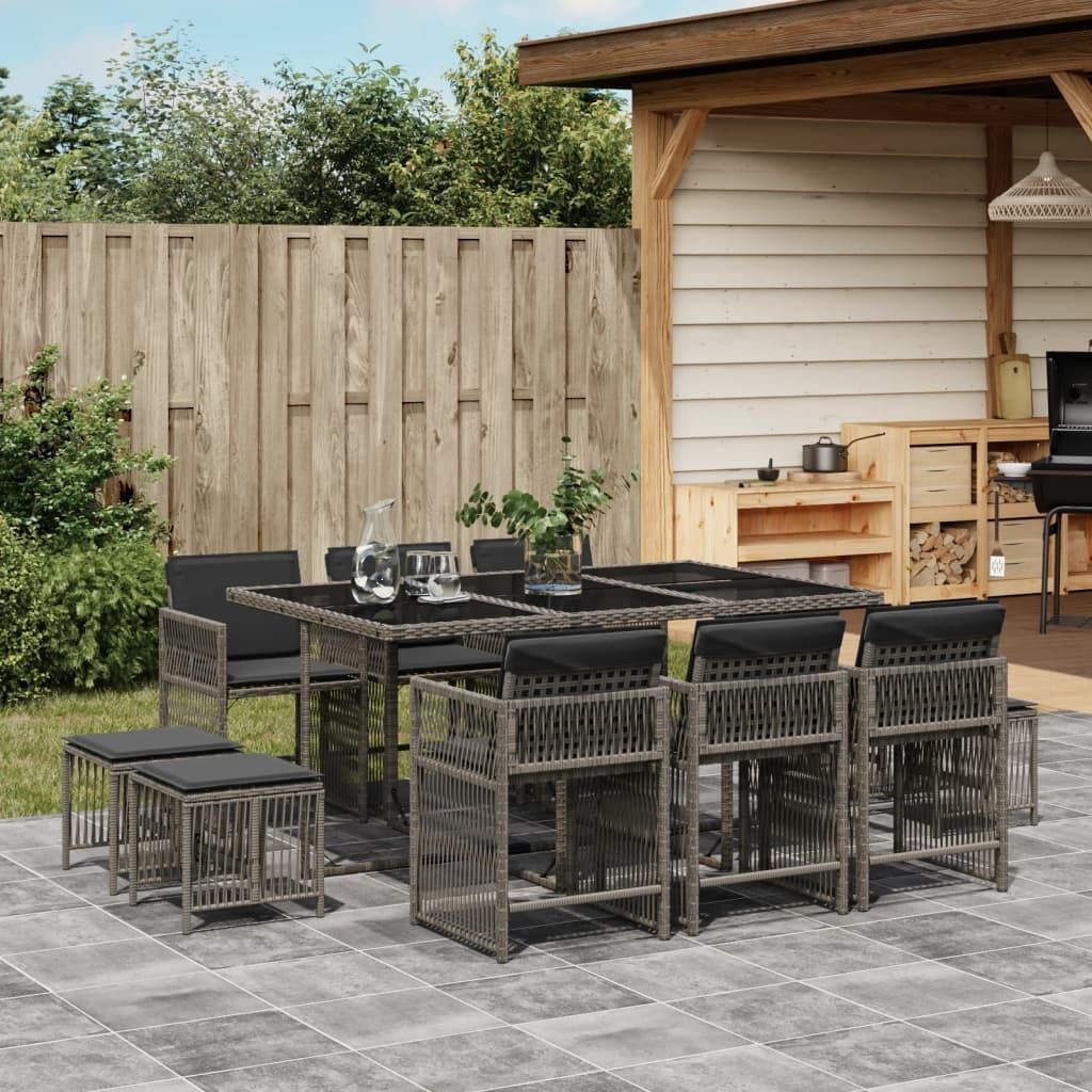 11-tlg. Garten-Essgruppe mit Kissen Grau Poly Rattan, Gartenmöbel-Sets 2024 Neu